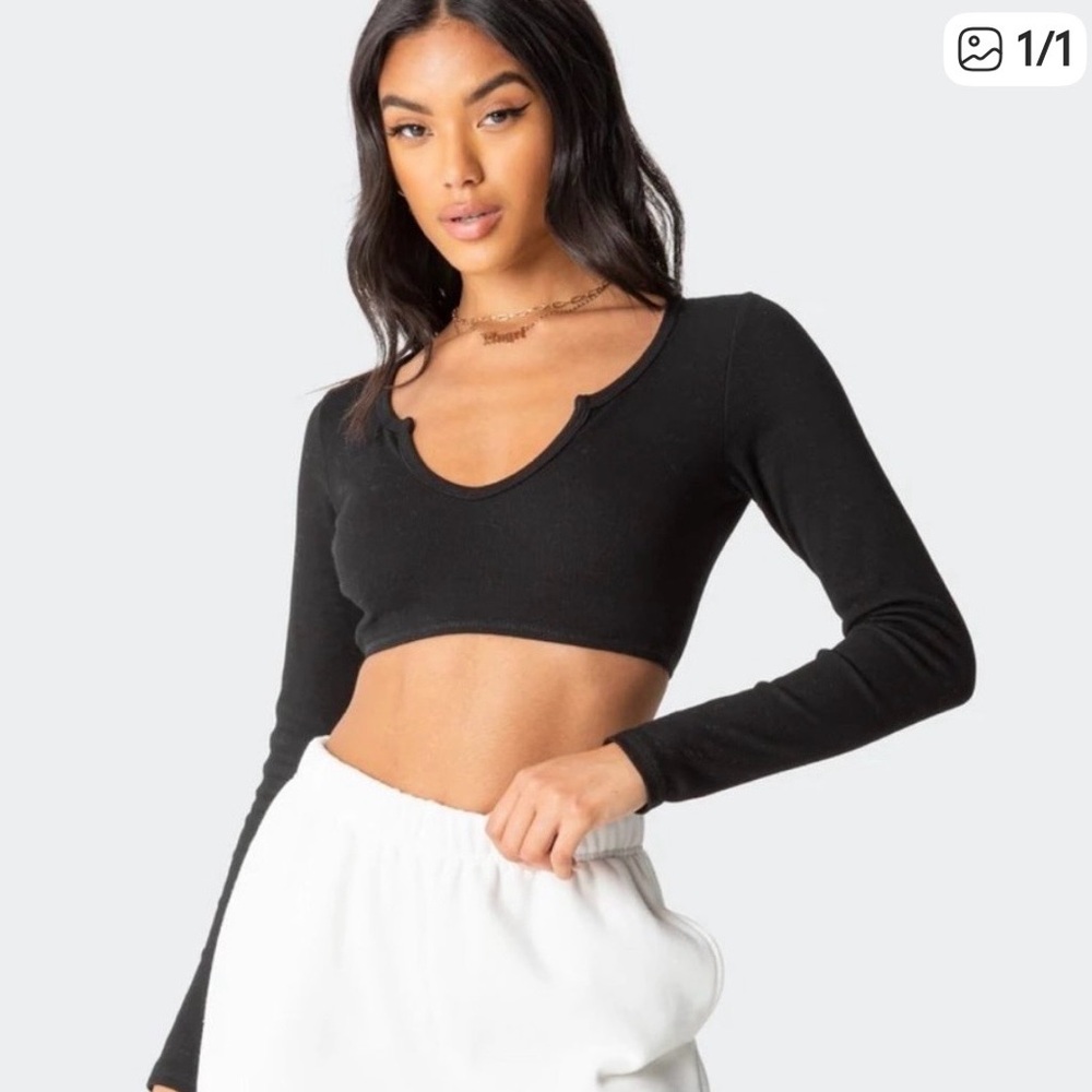 Edikted 'Romance' Ribbed Long Sleeve Cotton Crop Top Women's S Black Goth Y2K